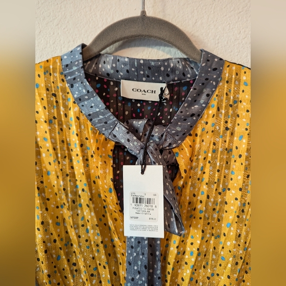 COACH Pleated Tie Dress Style No. 2075 Colorblock Midi Dress - Pockets, Neck Tie - Picture 4 of 6